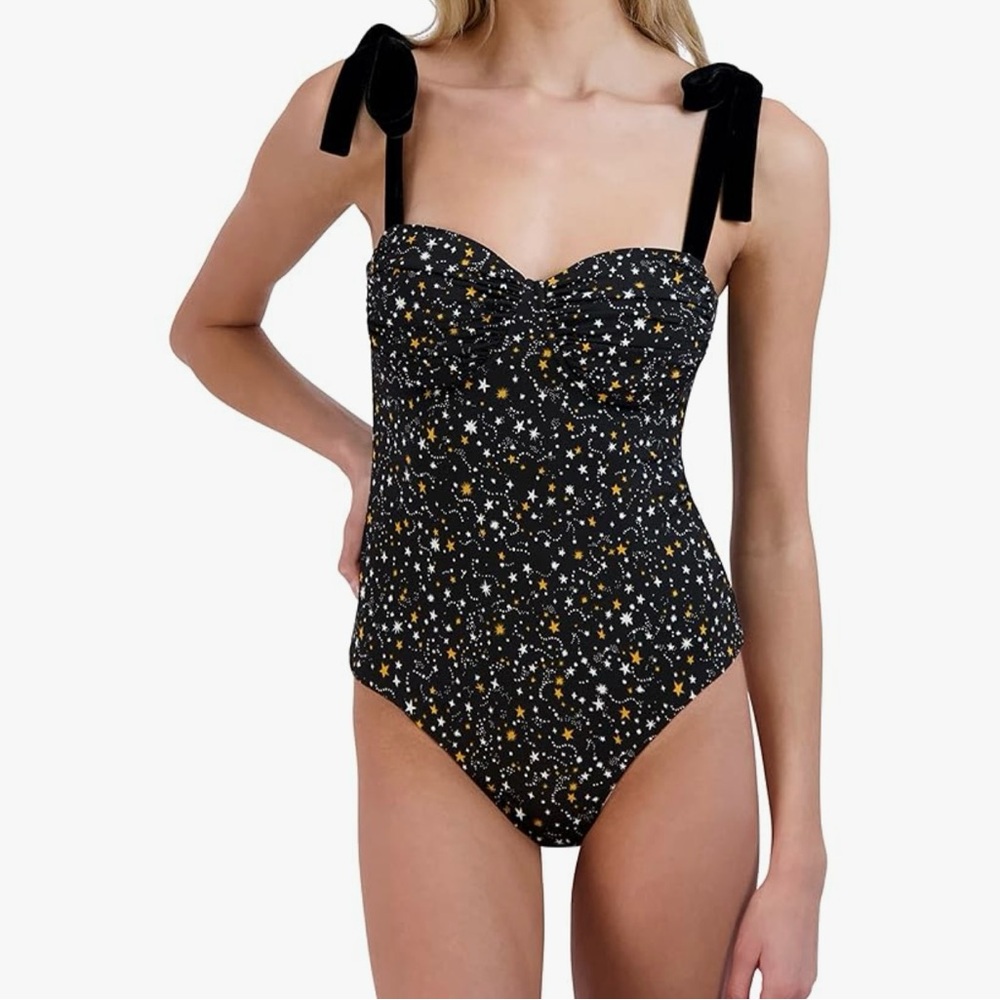 New bodysuit corset top velvet ribbon straps yellow black white stars medium